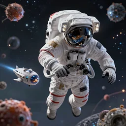 an ornate cinematic portrait of an astronaut entering the micro atom realm of the microscopic multiverse with a tiny micro spaceship, cinematic lighting, under a microscope, trending on Artstation, highly detailed, insane details