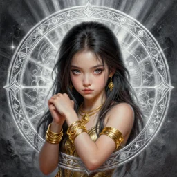 a portrait of girl assassin, gold bracelets, gold necklace, magic circle, silver magic, portal background, god rays, fantasy, dungeons and dragons, an ultrafine detailed painting, chibi, detailed painting, boris valejo. octopath traveler decal!!!