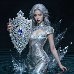 portrait of a beautiful woman wearing a cheongsam dress, holding a shield made of crystal and gemstones, drenched body, silver hair, emerging from the water, dark fantasy, regal, fractal crystal, fractal gems, by ross tran, stanley artgerm lau, thomas kindkade, alphonse mucha, loish, norman rockwell