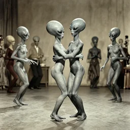 Gray Aliens on the dance floor. 1940s photograph.