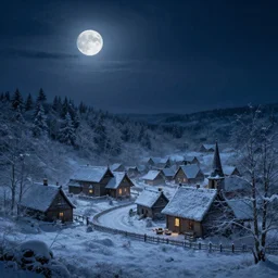 a small medieval village next to a forest at night with the moon in the sky by noah bradley, matte painting, Artstation, snowy