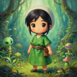 a portrait of japanese girl farmer in green dress, magic alien plants background, god rays, fantasy, dungeons and dragons, an ultrafine detailed painting, chibi, detailed painting, boris valejo. octopath traveler decal!!!