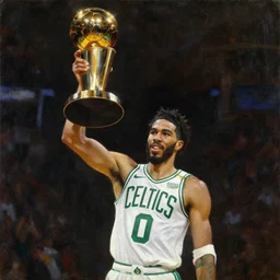 jayson tatum holding the larry o'brien trophy above his head, portrait by william sidney mount, oil on canvas, trending on artstation
