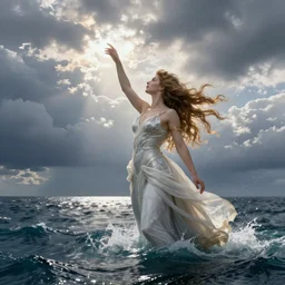 concept art of the most beautiful titan woman emerging from the ocean and touching a cloudy sky gustabe courbet pascale blanche wide angle