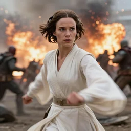 princess leia photo 1 9 8 3 played by carrie fisher, motion blur runs through massive battlefront, mcu style, explosions, fire, real life, spotted, ultra realistic face, accurate hands, 4 k, movie still, uhd, sharp, detailed, cinematic, render, modern