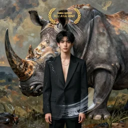 wet plate photography, center young asian man in black suit, giant rhinoceros background