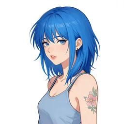 character profile portrait of a cool chinese girl with messy blue hair, 2 8 4, wearing a tanktop, flower tattoos, highly detailed, stylized, medium shot, vector line art, clean cel shaded vector art, by ross tron, lois van baarle, artgerm, helen huang, makoto shinkai, ilya kuvshinov, rossdraws
