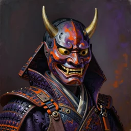 baroque neoclassicist portrait of a cyberpunk retrofuturistic cyberpunk japanese samurai warrior wearing an oni mask. dark purple and orange iridescent and reflective textures. highly detailed science fiction painting by norman rockwell, frank frazetta, and syd mead. rich colors, high contrast, gloomy atmosphere. trending on artstation and behance.