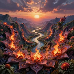 digital painting surrealism fractal flower river flame flowers fractal valley at sunrise surreal esao andrews victor escher enrich dali
