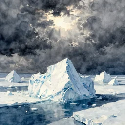 detailed polar iceberg landscape, watercolor by Eric Carle