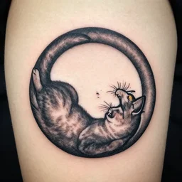 one cat biting it's tail, Ouroboros, circle 0f life, tattoo design, designed by Iain McCaig