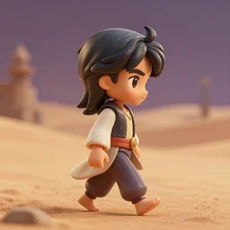 profile view of young aladdin as nendoroid walking in a desert in the croods movie style, wearing typical clothes, 8 k, hd, dof, kodak film, volumetric lighting, subsurface scattering, photorealistic, octane render
