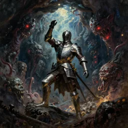 arrogant knight reaches casually into the abyss, only to be met with unimaginable horrors from beyond, dark fantasy, oil painting, high detail