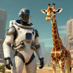 glados from portal, next to a giraffe wearing a spacesuit