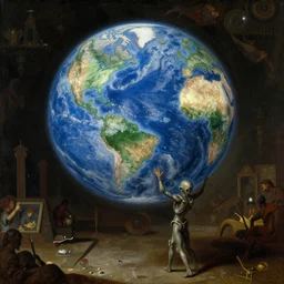 alien atlas carrying a glowing earth. pulp sci - fi art for omni magazine. baroque period, oil on canvas. renaissance masterpiece.