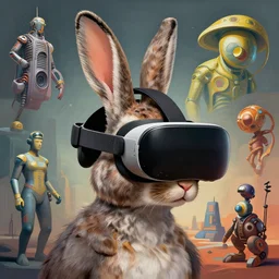 rabbit groot vr glasses headset by artstation, deviantart, artfol, artbox, cgsociety, gfxartist, artful, zatista, artpal, instagram, blendernation, frank stella, beeple, giger, kopera, zawadzki, abstract, surrealism, hyperrealism, futurism 4 k, octane