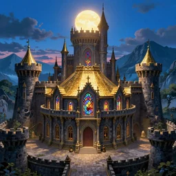 cinematic fantasy medieval castle with towers made of ominous dark stone, gigantic round structure in middle of courtyard, golden roof with stained glass windows, sky-blue sun shining down on the top, mountains surrounding, dusk or evening, magical, full color, cinematic, studio ghibli inspired