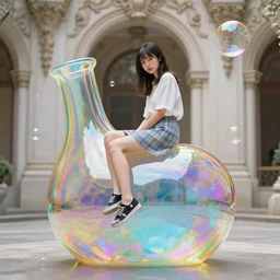a beautiful japanese girl sitting on an unfinished klein bottle sculptural, chroma iridescence, colors, glassy, reflective and refractive, soap bubbles floating, baroque architecture background