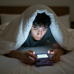 photo of a guy playing a gameboy under the blanket in his bed at night