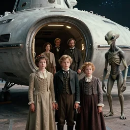 film still from a sci fi blockbuster movie made in 3022, set in 1860, of a family leaving a spaceship, that has just landed on an alien planet, wearing 1850s era clothes, a humanoid alien stands nearby, cinematic lighting, 8k, in focus faces, oscar winner, high quality photography