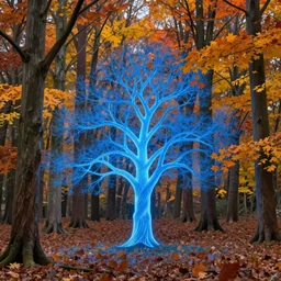 autumnal forest with single glowing light blue tree, intricate, elegant, highly detailed, vivid colors, nohn park, frazetta, sparth, ruan jia, jeffrey catherine jones