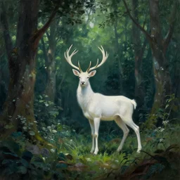 Magical White Stag in the distance, lush green deep forest, cold light, art nouveau, 4K, character concept art, oil painting, digital painting, painterly, trending in artstation, cgsociety, by Alphonse Mucha, Artgerm, Greg Rutkowski, Tom Bagshaw, Sargent