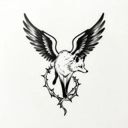 tattoo design, Winged-Fox entwined in thorns, simple design on white background, clean black pen drawing
