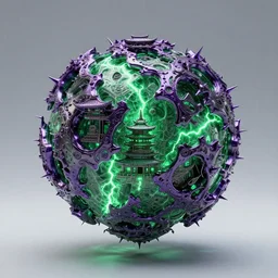 3 d photographic render of a deconstructed asymmetric mandelbulb sculpture, green bioluminescent chrometype, made of liquid purple metal, neotribal with thorns and green thunders, cyberpunk japanese temple, raytraced, hyper realistic, volumetric lightning, 8 k, by zhelong xu, ouchh and and innate studio