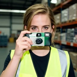 photo, close up, emma watson in a hi vis vest, in warehouse, disposable camera, 5 0 mm,