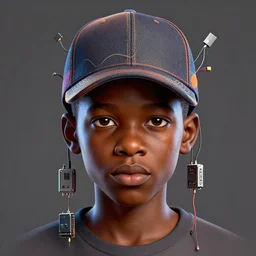 caricature - vfx art - portrait of a nigerian boy wearing a baseball cap with wires and computer chips dangling from inside, art style by james jean, character concept art, digital illustration, colourful, sharp, intricate detail, volumetric light, ray tracing, symmetric, unreal engine render, behance, artstation, pinterest,