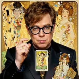 young Elton John with glasses, tarot, intricate, highly detailed, digital painting, artstation, concept art, smooth, sharp, focus, illustration, art by  james jean, gustav klimt, greg rutkowski, and alphonse mucha