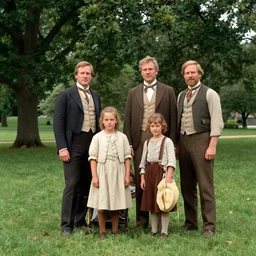 sharp, highly detailed, 35840k film, 175000mm film still from a sci fi blockbuster color movie made in 2019, set in 1860, of a family standing in a park, next to some strange alien plants and flowers, on an alien planet, the family are all wearing 1860s era clothes, good lighting, Canon EF 35mm f/1.4L II USM lens