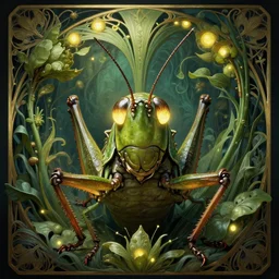grasshopper insect, sci fi, glowing eyes, volumetric lights, plant theme, art nouveau botanicals, intricate, highly detailed, digital painting, artstation, concept art, smooth, sharp focus, cinematic, illustration, beautiful face, art by h. r. giger and greg rutkowski and alphonse mucha, kentaro miura