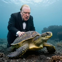 An astonished Winston Churchill mouth agape discovers the first turtle ever in Galapagos, national geographic, BBC, XF IQ4, f/2.5, ISO 200, 1/160s, 8K, RAW, unedited, face retouched