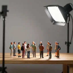 photo still of miniature crowd on a wooden shelf, 8 k, studio lighting bright ambient lighting key light, 8 5 mm f 1. 8
