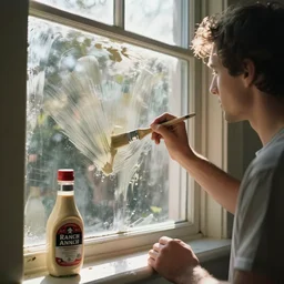 a man using a paintbrush and ranch dressing to paint a window, photo realistic, realistic reflections
