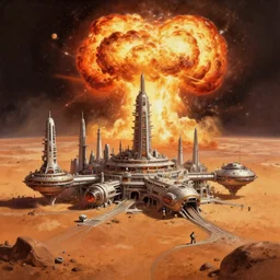 oil sci fi painting of human colony city on planet mars, huge explosion in background, octane rendering, trending on artstation, by, studio ghibli, michael whealan and james gurney