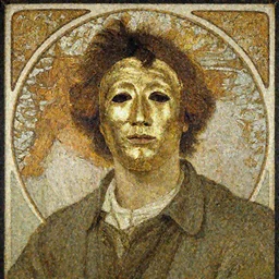A man wearing golden mask,painting by Gaston Bussiere and alphonse mucha