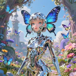 ultra detailed illustration of a butterfly anime girl made out of liquid chrome, melting face, lost in a dreamy fairy landscape,  by Ruan Jia, Moebius, Karol Bak, Druillet, colorfull, vivid colors, 8k, anime vibes, octane render, uplifting, magical composition,  artstation