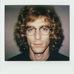 Polaroid Portrait of Andy Warhol wearing a long curly brown wig with thin framed glasses, taken in the 1970s, photo taken on a 1970s polaroid camera, grainy, real life, hyperrealistic, ultra realistic, realistic, highly detailed, epic, HD quality, 8k resolution, body and headshot, film still, front facing, front view, headshot and bodyshot, detailed face, very detailed face