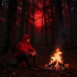 a dark photo of a man in a red hoodie sitting next to a campfire in dark and scary blood red forest, red sun in the background, low contrast, high resolution