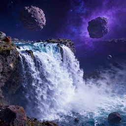 waterfall in asteroid field, purplish blueish space in background, ultra detailed, artstation award winner, digital art, 8k, vibrant, detailed water