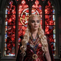 double exposure of a sigma 8 5 mm f / 1. 4 photo of daenerys targaryen blending into a beautiful red blood stained glass window with a targaryen sigil in the style of true detective trending on artstation