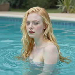Painting of Elle Fanning at the pool, long blonde hair, delicate, pale milky white porcelain skin, by Grant Wood. 8K. Extremely detailed.