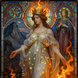breathtaking detailed soft painting of a female goddess with crown on top of a mountain, gauze dress of fireflies and art nouveau crown of embers, celtic culture, rembrandt style, detailed art nouveau stained glass of flames, christian saint rosace, elegant, highly detailed, artstation, concept art, matte, sharp focus, art by Tom Bagshaw, Artgerm and Greg Rutkowski