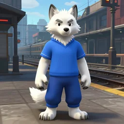 furry anthro digital video game screenshot source engine of an anthropomorphic wolf with white fur wearing blue plain citizen clothes standing outside the train station city 17 in background from half life 2