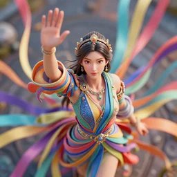 a photorealistic elaborate and detailed woman waving colorful ribbons, smooth patterns, accents, 3 d, full details, realistic, artstation, futuristic, aerial view, macro shot, closeup detail, right angles, perfectly symmetric, octane render in maya and houdini, vray, ultra high detail ultra realism, unreal engine