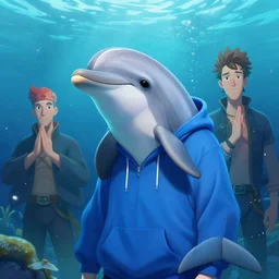 portrait of the The jovial Water Dolphin Mage Wearing a blue Hoodie Under the sea Mark Riddick craig j. spearing Alexey Egorov Inio Asano