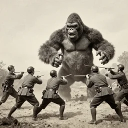a photo from the 1800s of a group of soldiers fighting King Kong and losing