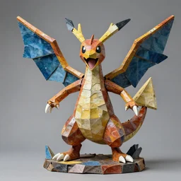 sculpture of pokemon zapdos, made of recycled materials, detailed, cubism, full color hd, max ernst